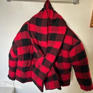 Red and Black Plaid Detachable Scarf Jacket